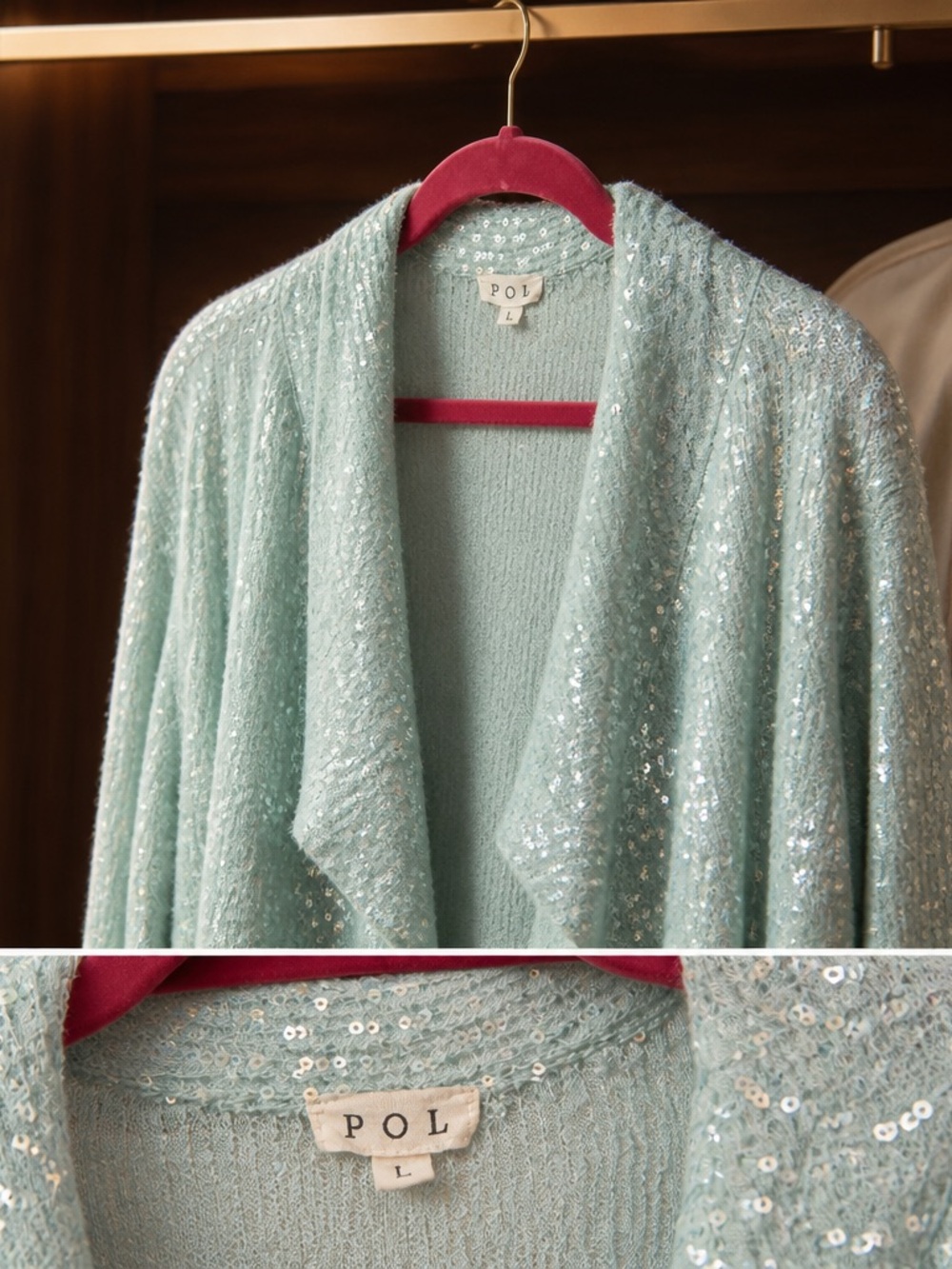 POL Sequin Mint Green Button Up Top Women’s Size L - Picture 3 of 3